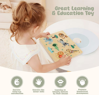 Freniland Press-to-Play Farm Sound Puzzle for Toddlers, Wooden Farm Sound Board with Push Buttons, Montessori Educational Toy for 18M+