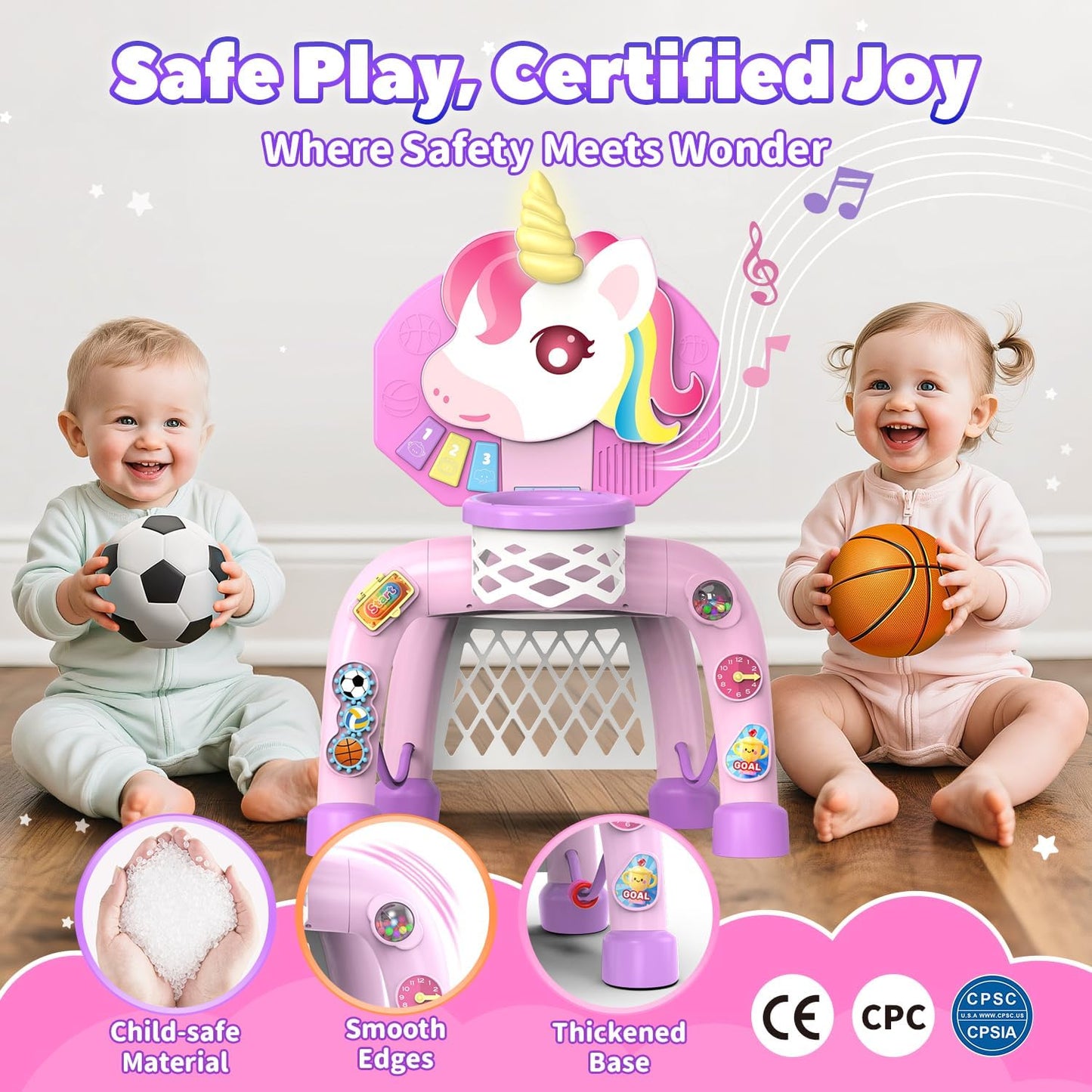Toddler Basketball Hoop & Soccer Goal， Baby Toy for 1 2 3 Year Old Girls, Kids Activity Center Toys with Light & Music,Unicorn Toys for Girls 12-18-36 Months, Christmas Birthday Gifts for Ages 1-3