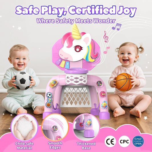 Toddler Basketball Hoop & Soccer Goal， Baby Toy for 1 2 3 Year Old Girls, Kids Activity Center Toys with Light & Music,Unicorn Toys for Girls 12-18-36 Months, Christmas Birthday Gifts for Ages 1-3