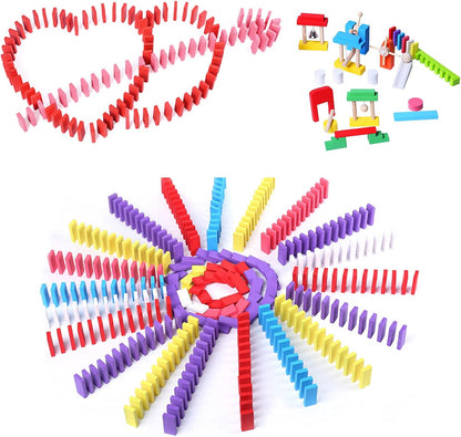 Joqutoys 600 PCS Dominoes Set for Kids, Wooden Domino Building Blocks, 6 Colors Bulk Dominoes Racing Tiles Games with Extra 26 Add-on Blocks and Storage Bag, Educational Toys for Kids Birthday Party