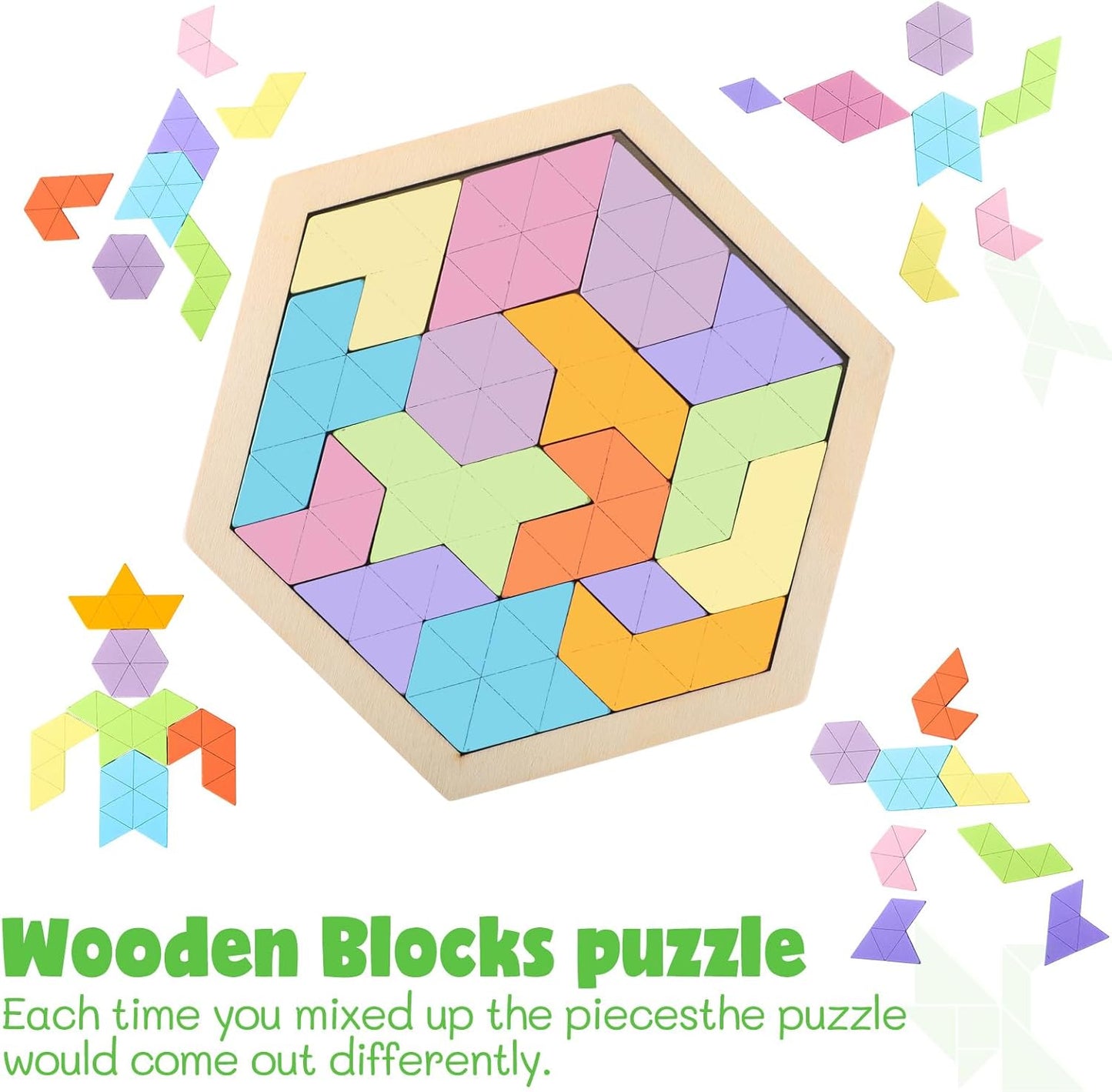 Yunsailing 3 Pack Large Hexagon Tangram Puzzle Wooden Brain Puzzles for Adult Challenge Wood Russian Blocks Brain Teasers Geometric Jigsaw Block Logic Iq Stem Family Graduation Gifts(Vintage)