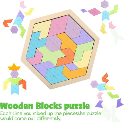 Yunsailing 3 Pack Large Hexagon Tangram Puzzle Wooden Brain Puzzles for Adult Challenge Wood Russian Blocks Brain Teasers Geometric Jigsaw Block Logic Iq Stem Family Graduation Gifts(Vintage)