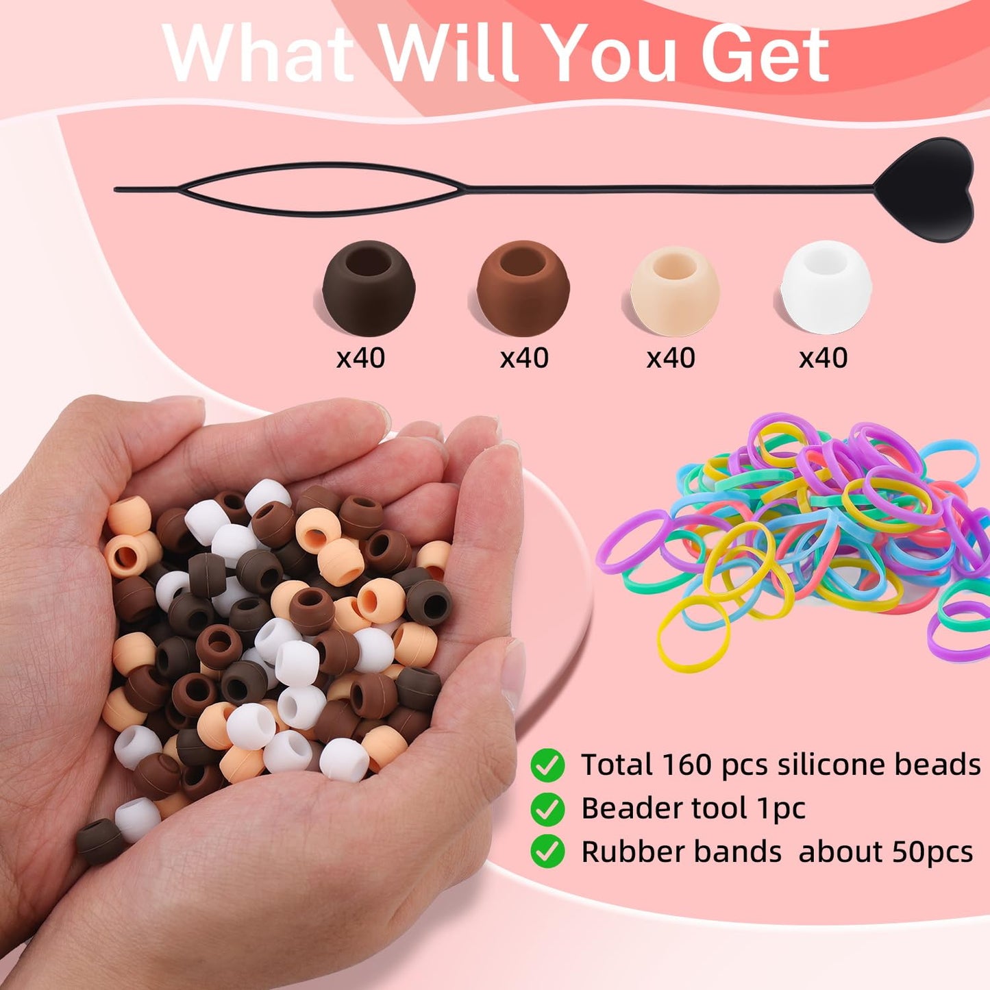 150Pcs 10mm Small Silicone Beads for Hair Braids, Soft Jellyish Pony Hair Beads with 5mm Hole + 50 Rubber Bands and 1 Beader for Braiding, DIY Bracelets Necklaces Crafts (Pink)