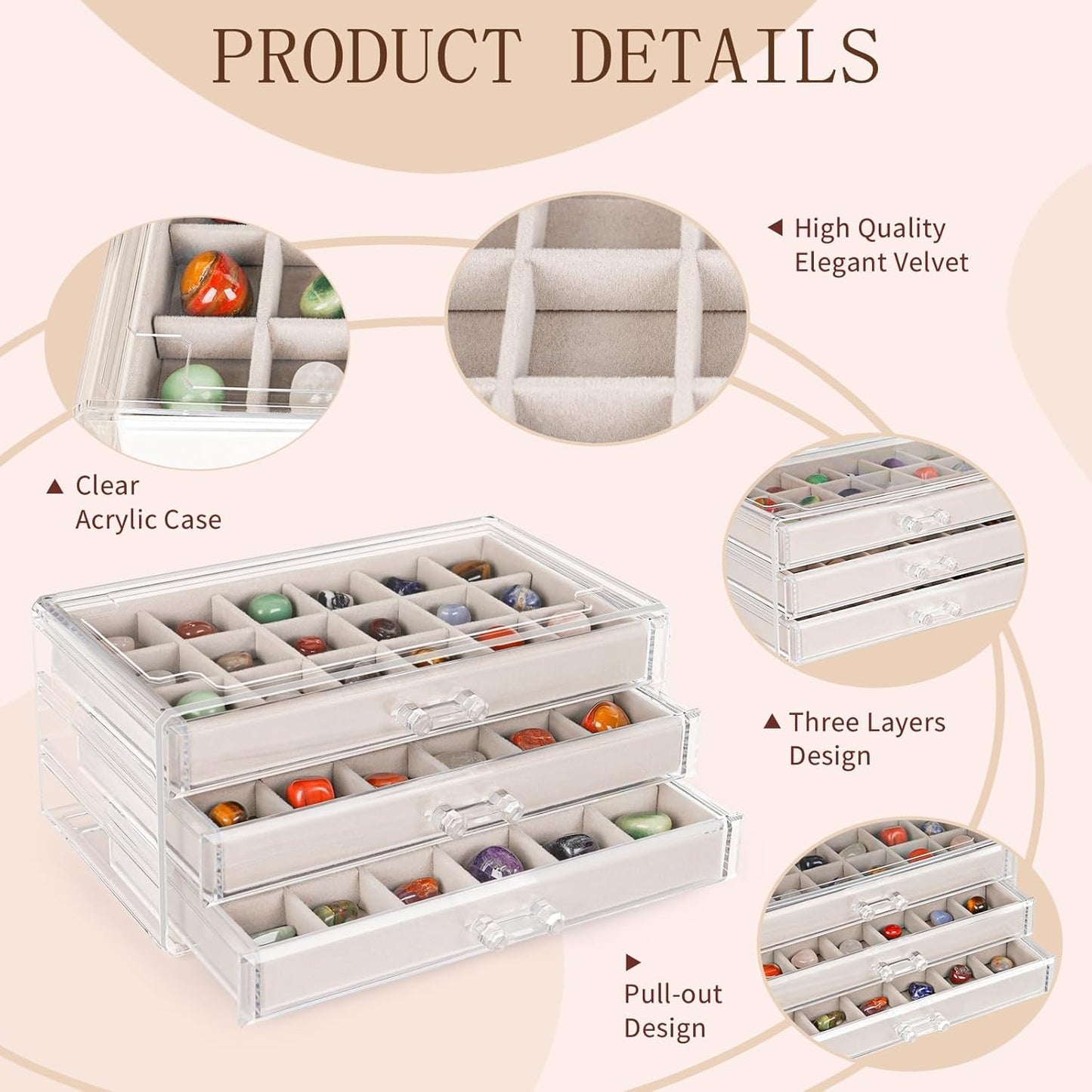 Bfttlity Acrylic Rock Display Case,54 Grids Rock Collection Box for Kids with Mini Magnifying Glass and Gloves, Clear Display Cases for Stones Collectibles Gemstone Crystals Storage Boxes