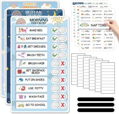 Upgraded Slider 3 in 1 Bedtime/Morning/Daily Routine Chart for Kids, Magnetic Chore Chart for Kids, Visual Schedule for Kids Toddlers Schedule Board for Home