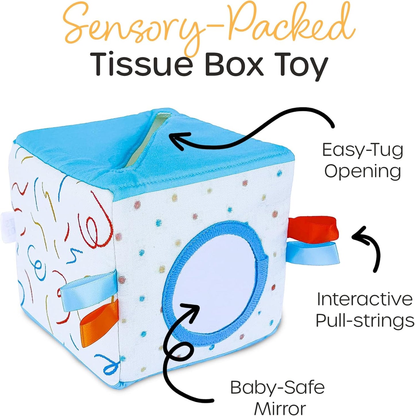 Quiggly Soft Fabric Tissue Box Toy for Babies- Montessori Sensory Development Toy for 6-12 Month Olds - 100% Cotton, Crinkle Tissues, Ribbon Details, Safety Mirror- Ideal for Infant Gross Motor Skills