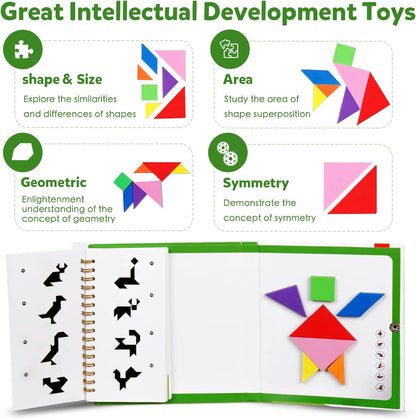 Travel Tangram Puzzle Magnetic Puzzle Book Game Road Trip Game Jigsaw Shapes Dissection STEM Games with Solution IQ Educational Toy for Kid Adult Challenge Brain Teasers 368 Patterns(2Pcs Tangrams)