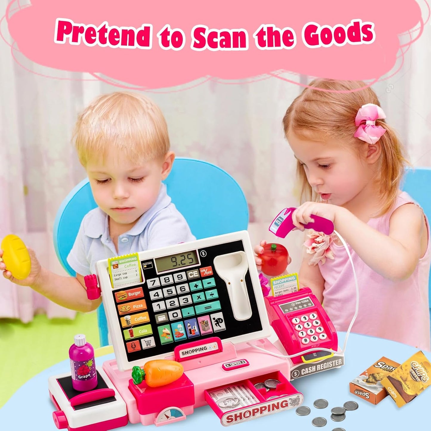 Cash Register for Kids Real Calculator Kids Cash Register with Scanner Toy for 3 4 5 6 7 8 Year Old Boy Pretend Play Store with Music / Food / Shopping Cart Learning Toys Gifts for Boys Ages 4-8