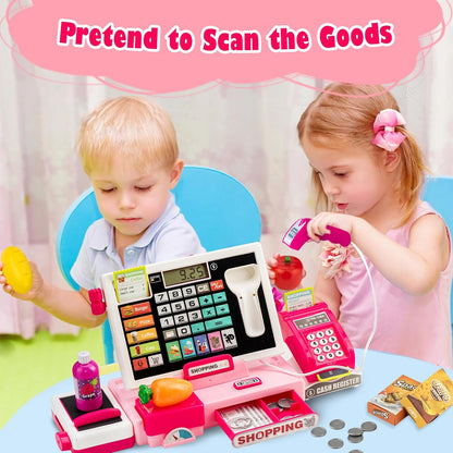 Cash Register for Kids Real Calculator Kids Cash Register with Scanner Toy for 3 4 5 6 7 8 Year Old Boy Pretend Play Store with Music / Food / Shopping Cart Learning Toys Gifts for Boys Ages 4-8