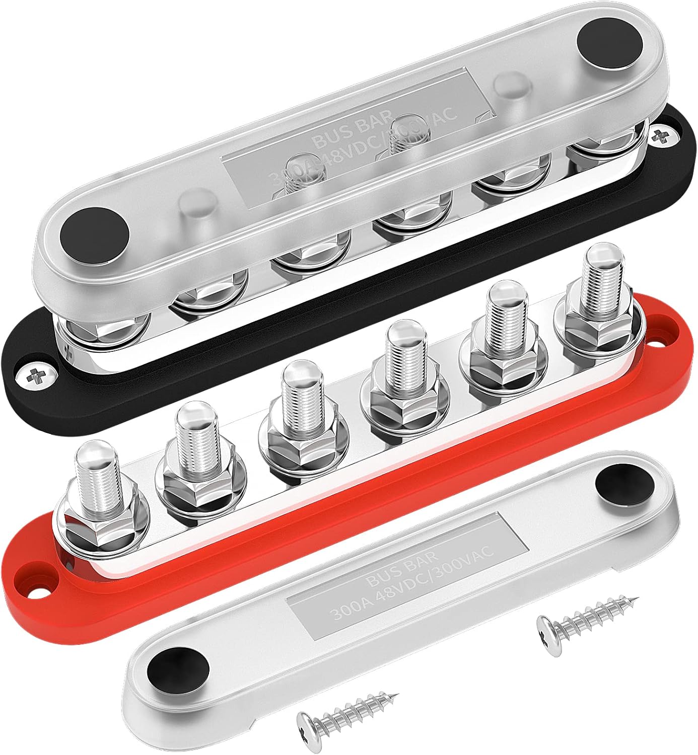 DaierTek 300A Copper Bus Bar 12V, Power Distribution Block with Cover 3 x 3/8” M10 Studs & 10 x M5 Terminal Screws for Car Marine Solar Battery Negative & Positive