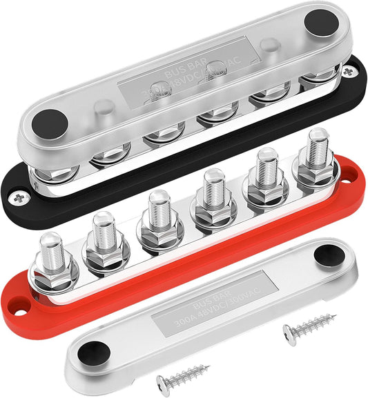 DaierTek 300A Copper Bus Bar 12V, Power Distribution Block with Cover 3 x 3/8” M10 Studs & 10 x M5 Terminal Screws for Car Marine Solar Battery Negative & Positive