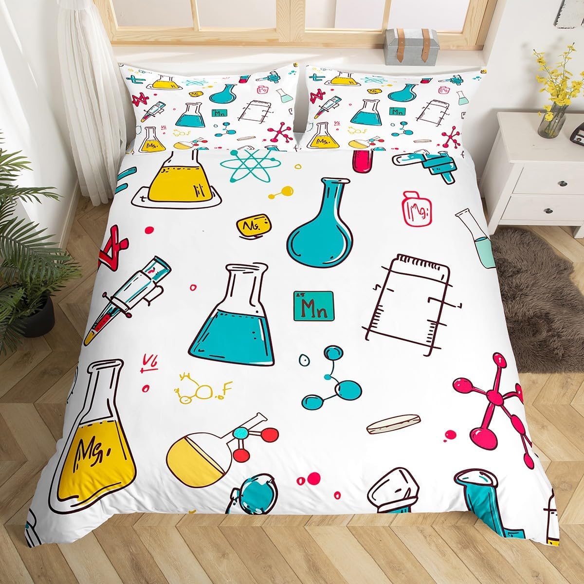 Erosebridal Science Theme Bedding Set Queen Size for Boys Girls Chemistry Periodic Table Print Duvet Cover Chemical Subject Theme Comforter Cover Teens Kids Math Science Atyle Bedspread Cover 3 Pcs