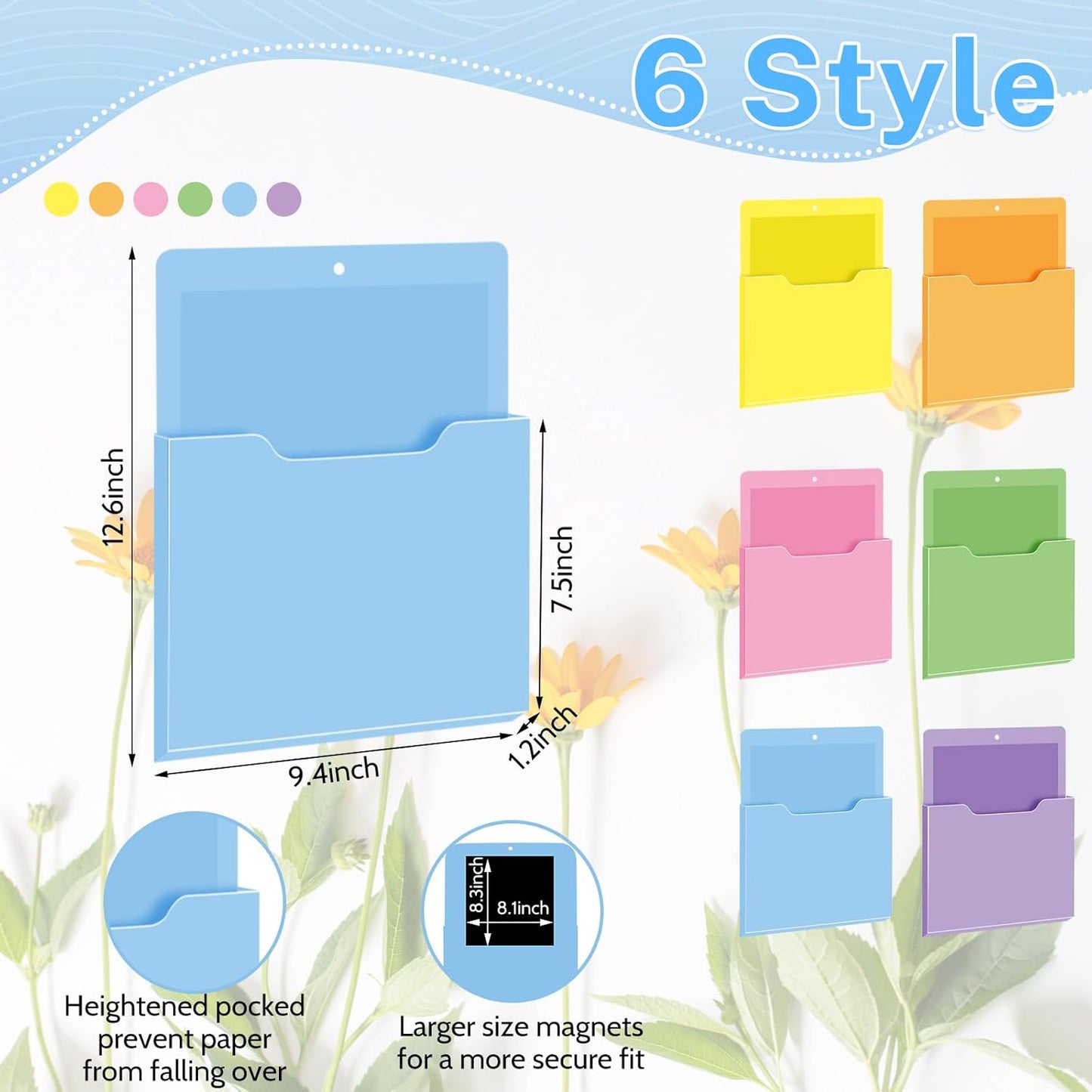 Fuutreo 6 Pcs Magnetic Wall File Organizer Magnetic Wall File Holder Refrigerator Magazine Holder for Mail Letters Paper(Aqua Green,Vertical-large)