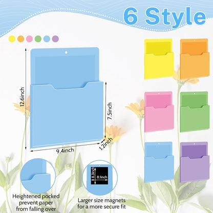 Fuutreo 6 Pcs Magnetic Wall File Organizer Magnetic Wall File Holder Refrigerator Magazine Holder for Mail Letters Paper(Aqua Green,Vertical-large)