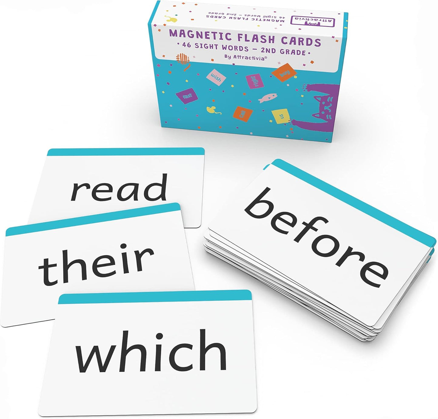 Attractivia 2nd Grade Sight Words Magnetic Flash Cards(Second Grade) - 46 Sturdy Large Dolch Cards for Literacy of Beginning Readers, Homeschool, Teachers and ESL
