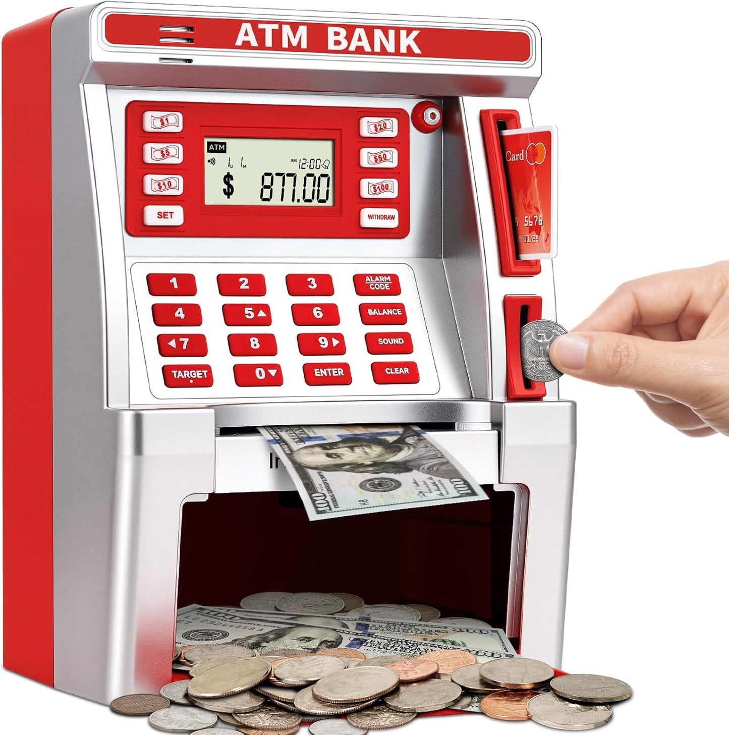ATM Piggy Bank for Kids, ATM Machine for Real Money with Debit Card, Bill Feeder, Coin Recognition, Balance Calculator, Electronic Savings Safe Box, Gifts for Teen Boys Girls