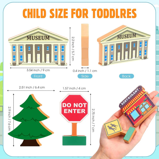 Blosssound 35 Pcs Wooden Town Building Play Toys for Kids City Street Traffic Signs Multicultural Community Block Train Track Accessories Preschool Classroom Educational Supplies Birthday Gifts