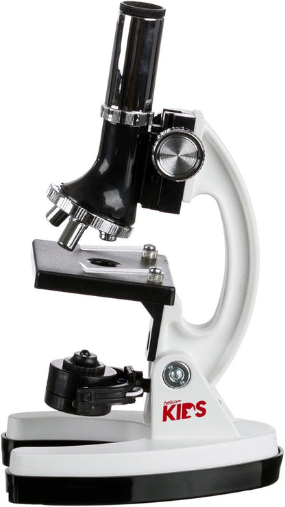 AMSCOPE-Kids 120X-1200X White Metal Arm Starter Kids Student Microscope Kit and Compact Refractor Telescope with Tripod - M30-ABS-KT2-W-TKVB1