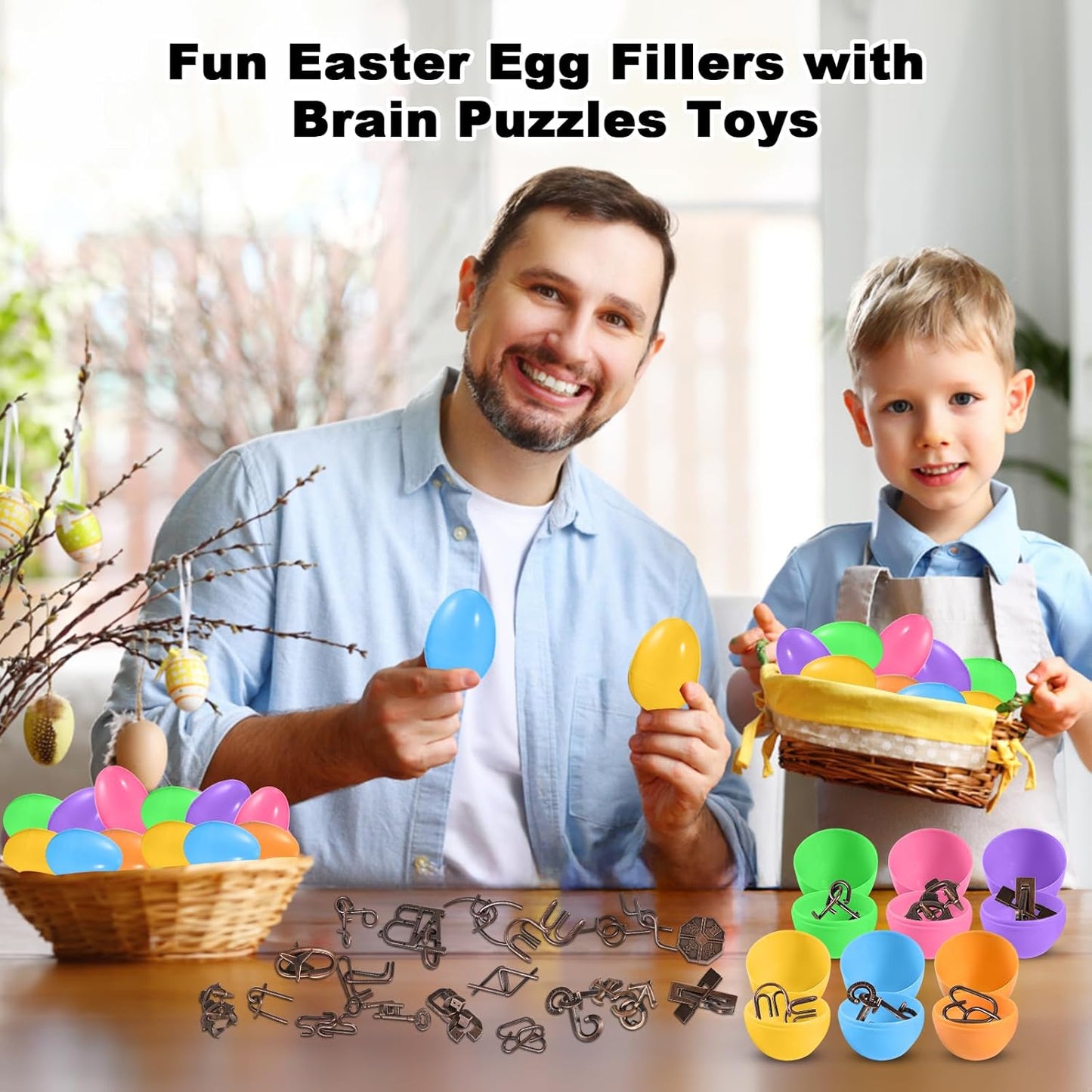 GOLDGE 24 Pack Easter Eggs Filled with Brain Teaser Puzzle Set for Adults & Kids, Ancient Wooden & Metal 3D Puzzles, IQ Logic Games for Easter Basket Stuffers & Party Favors, Egg Hunt, Family Fun