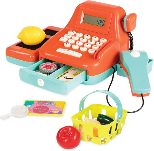 Battat – Interactive Kids Cash Register with Scanner & Sounds – 26 Pieces Pretend Play Shopping Set with Light – Up Scanner, Play Money & Card – Educational Toy for Learning & Fun – 3+ Years
