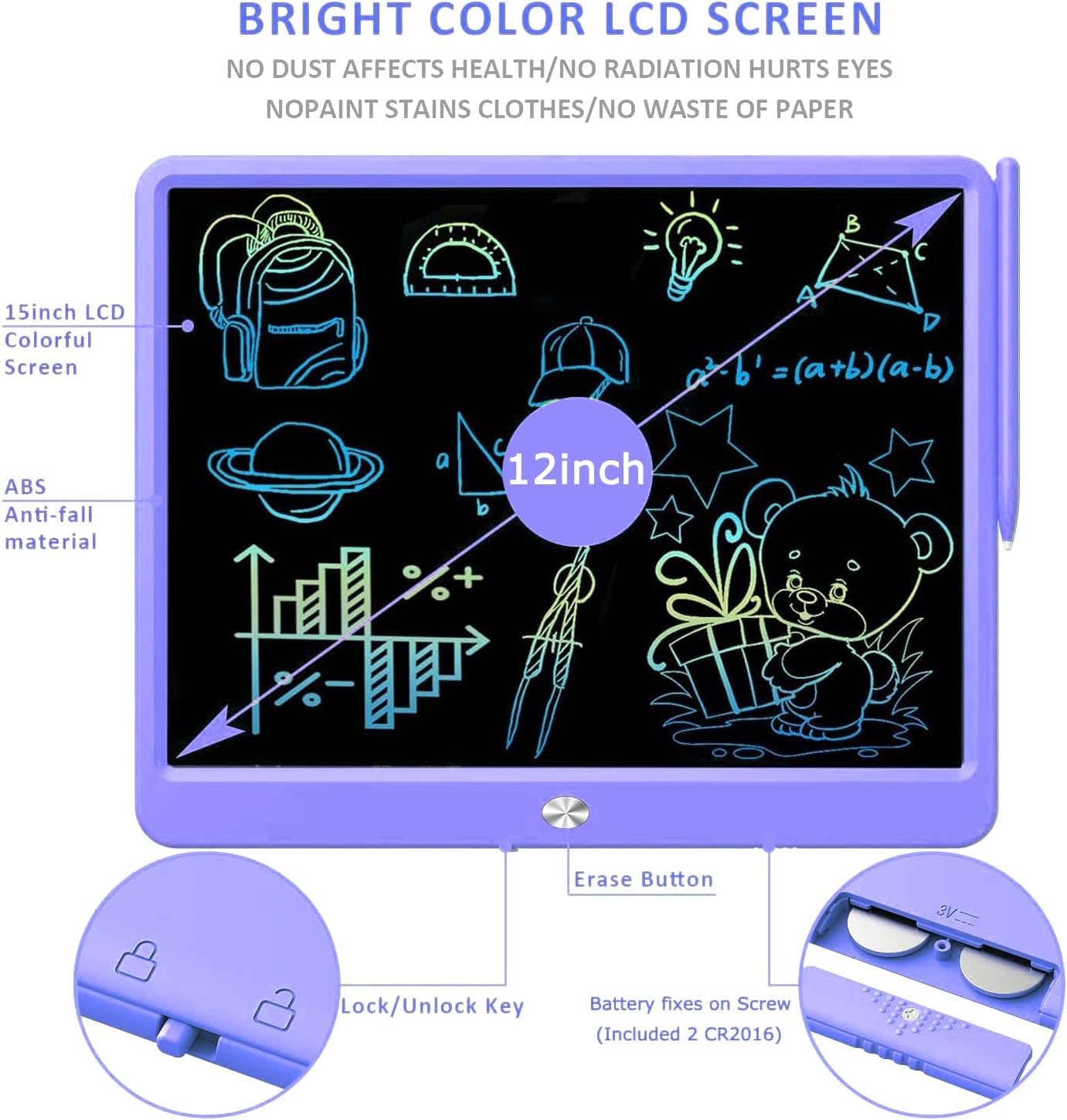 FLUESTON LCD Writing Tablet for Kids, 10 Inch Doodle Board, Colorful Drawing Pad for Toddler, Educational Travel Toy Gifts for 3-8 Year Old Girls Boys, Erase Lock Writing Board