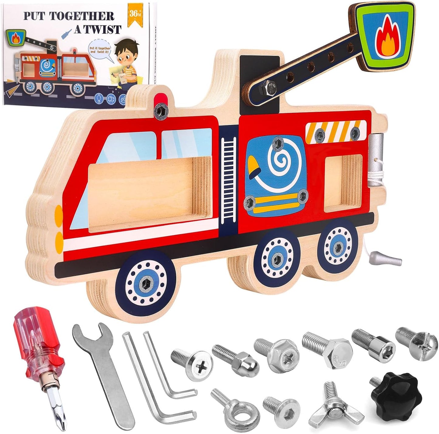 Montessori Screwdriver Busy Board Fire Truck – Wooden STEM Fine Motor Skills Sensory Learning Toy for Kids Ages 2–6, Great Gift for Boys and Girls,with Storage Bag