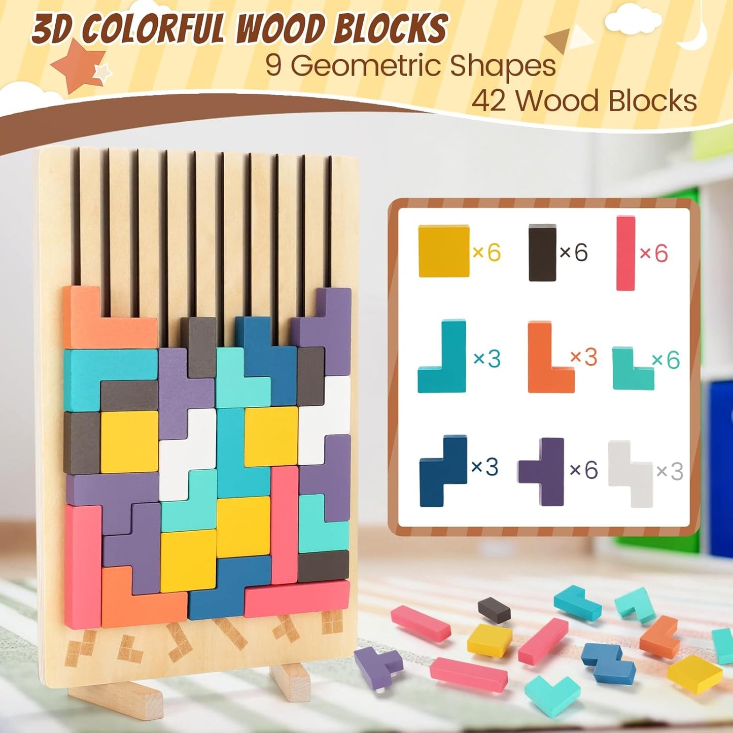 Wooden Stacking Puzzle Toy, 3D Colorful Wood Russian Blocks Puzzle Games Brain Teasers Montessori Toys for Toddler Kids 3 4 5 6 7 Years Old Boys Girls (Colorful B)