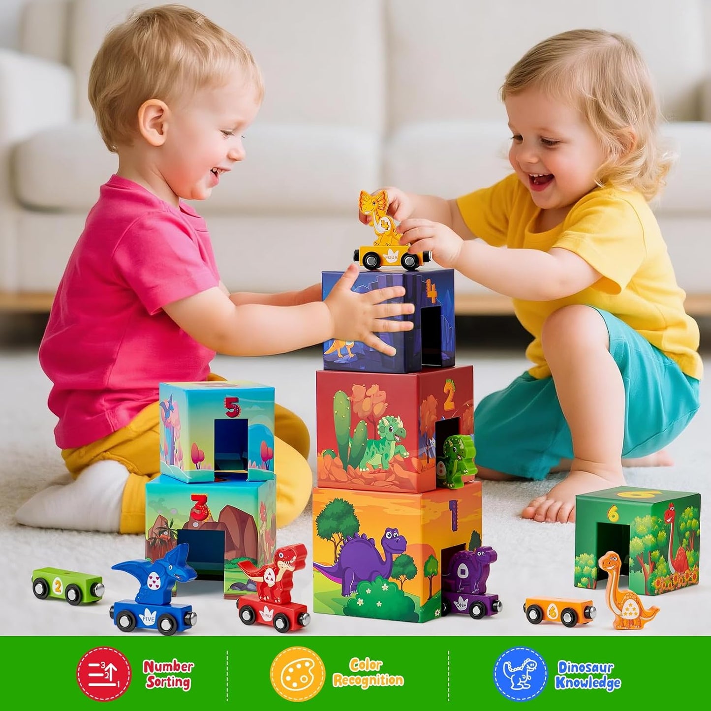 Atoylink Toddler Sorting and Stacking Toys with Magnetic Wooden Cars & Community Helpers, Baby Number Blocks Nesting Boxes Preschool Learning Montessori Toys for 1 2 3 Year Old Boys Girls Gift