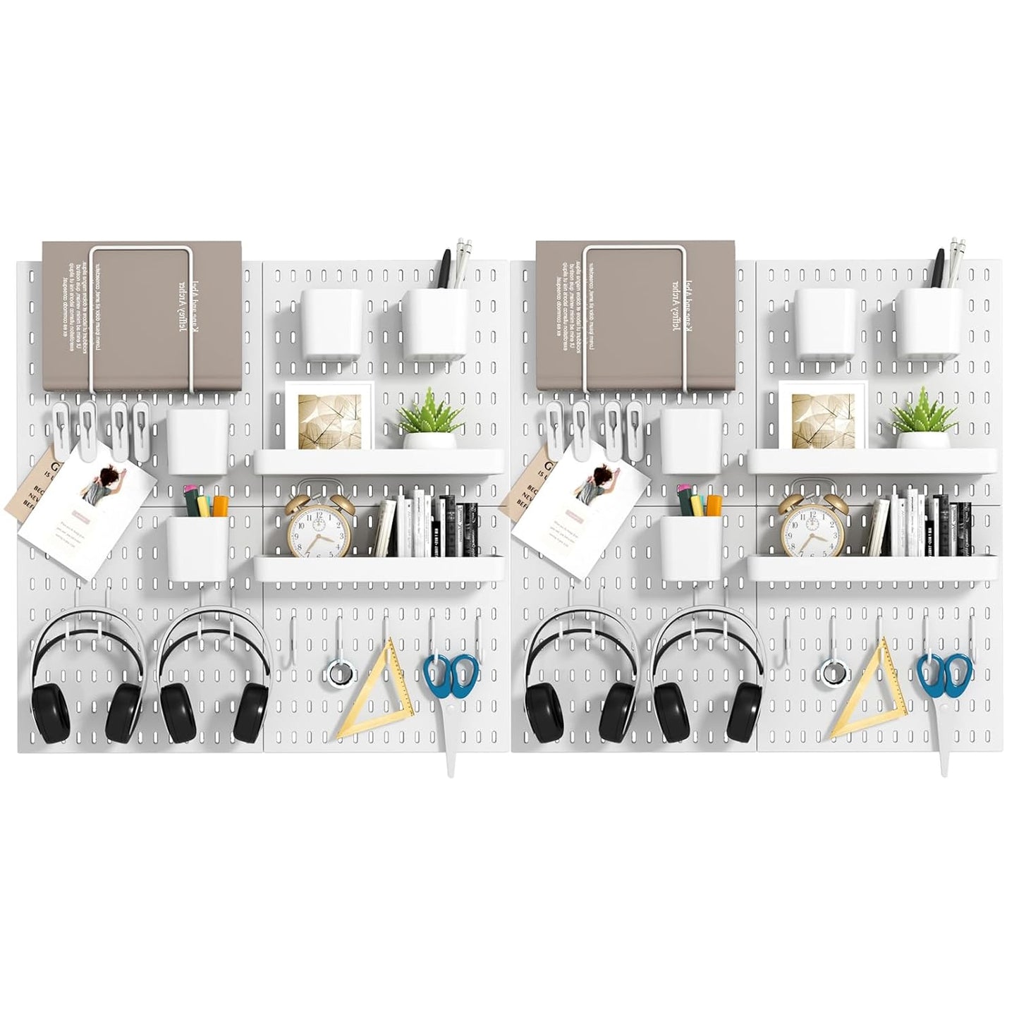 Peg Board Combination Kit, 4 Pegboards with 20 Accessories, Pegboard Wall Organizer for Office, Nursery & Home Storage, Key Holder, 25.6"x25.6" – Nail-Free Installation（White）