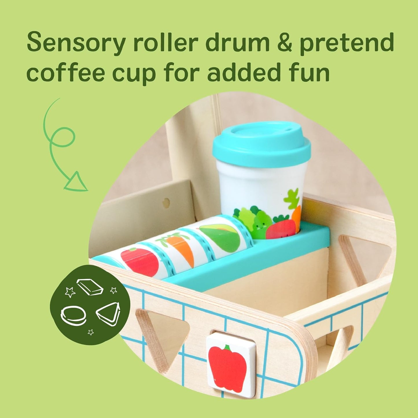 Melissa & Doug Wooden Shape Sorting Grocery Cart - Toddler Toys with 12 Blocks, Puzzle Board and Coffee Cup for Pretend Play and Montessori Toys - FSC Certified