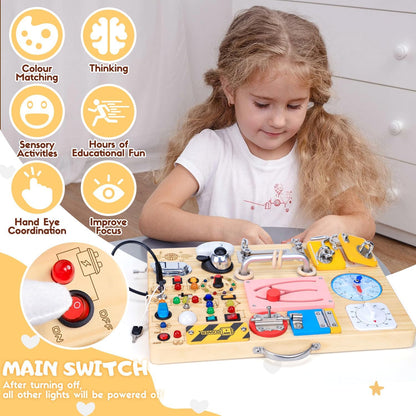 Busy Board with LED Light Switches, Montessori Toys for 1 2 3 Years Old, Toddlers Wooden Toy Sensory Activity Board, Travel Toys for 1+ Year Old Boy & Girl Birthday Gift