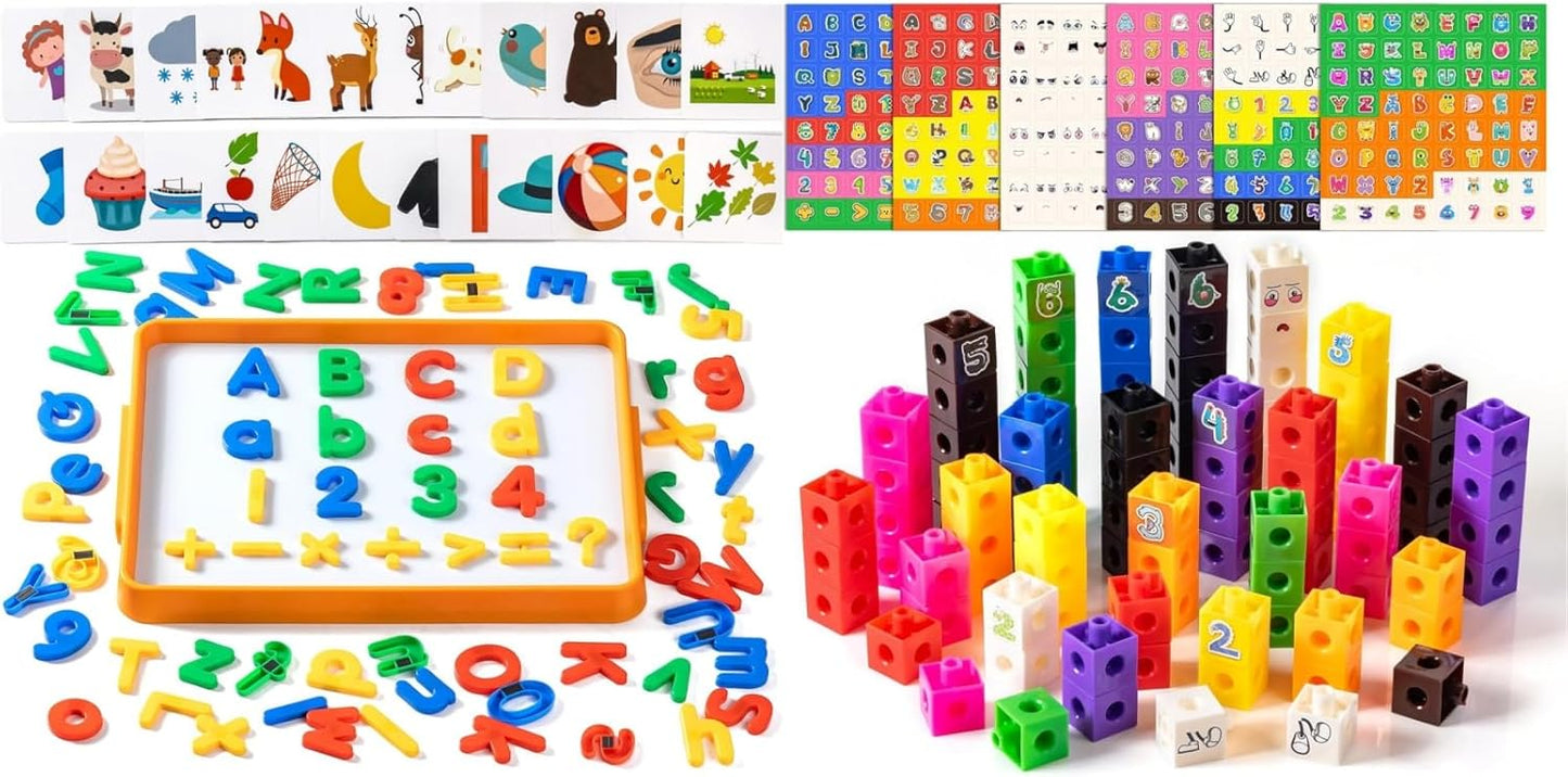 Magnetic Letter and Number Trays (13" X 10") - 100 Pcs Math Linking Cubes with 384 Cartoon Stickers