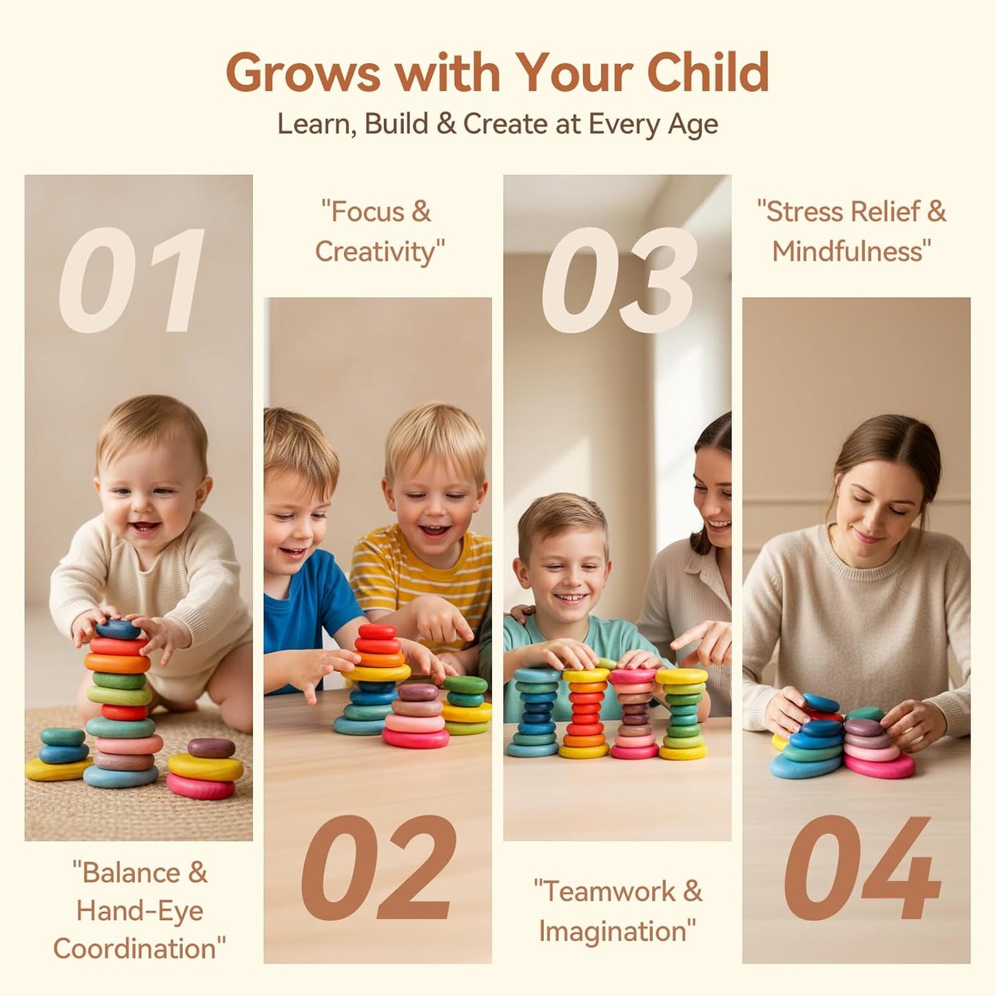 OESSUF Stacking Rocks 48Pcs Stacking Blocks Balancing Stacking Stones Wooden Building Toys Wood Stone Stacking Game for Toddler Sorting Preschool Educational Montessori Stacking Rocks for Kids
