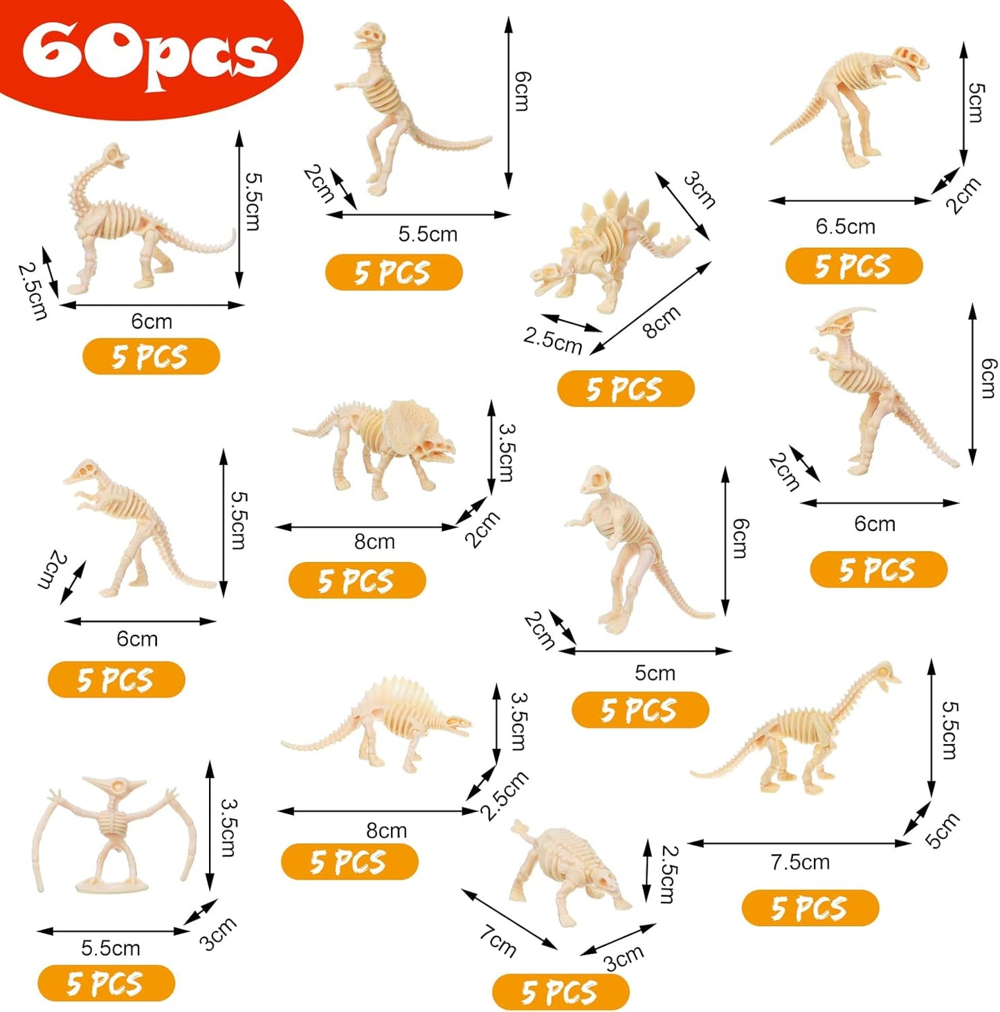 60 Pcs Dinosaur Fossil Skeleton Assorted Dinosaur Skeleton Figures Educational Dino Bones Gift Toys for Science Dino Sand Dig Birthday Party Party Favor Decorations