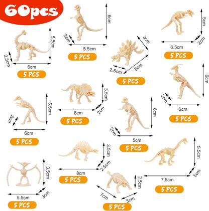 60 Pcs Dinosaur Fossil Skeleton Assorted Dinosaur Skeleton Figures Educational Dino Bones Gift Toys for Science Dino Sand Dig Birthday Party Party Favor Decorations