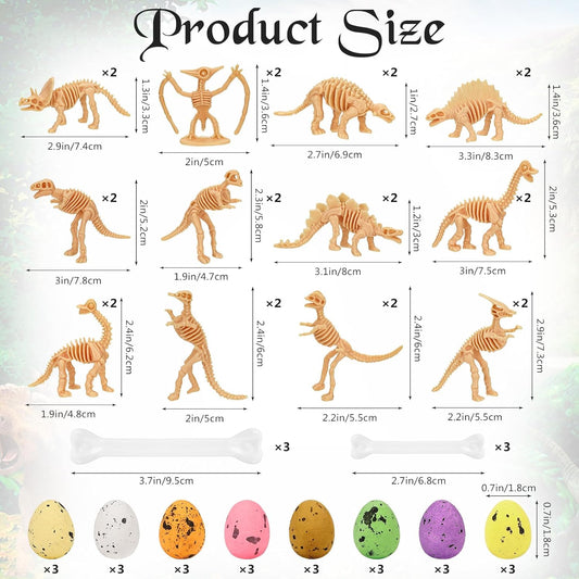 54 PCS Dinosaur Fossil Skeletons, Assorted Dinosaur Skeleton Figures with Colorful Foam Dinosaur Eggs and Plastic White Bones for Science Dino Sand Dig Party Favor Decorations（B）