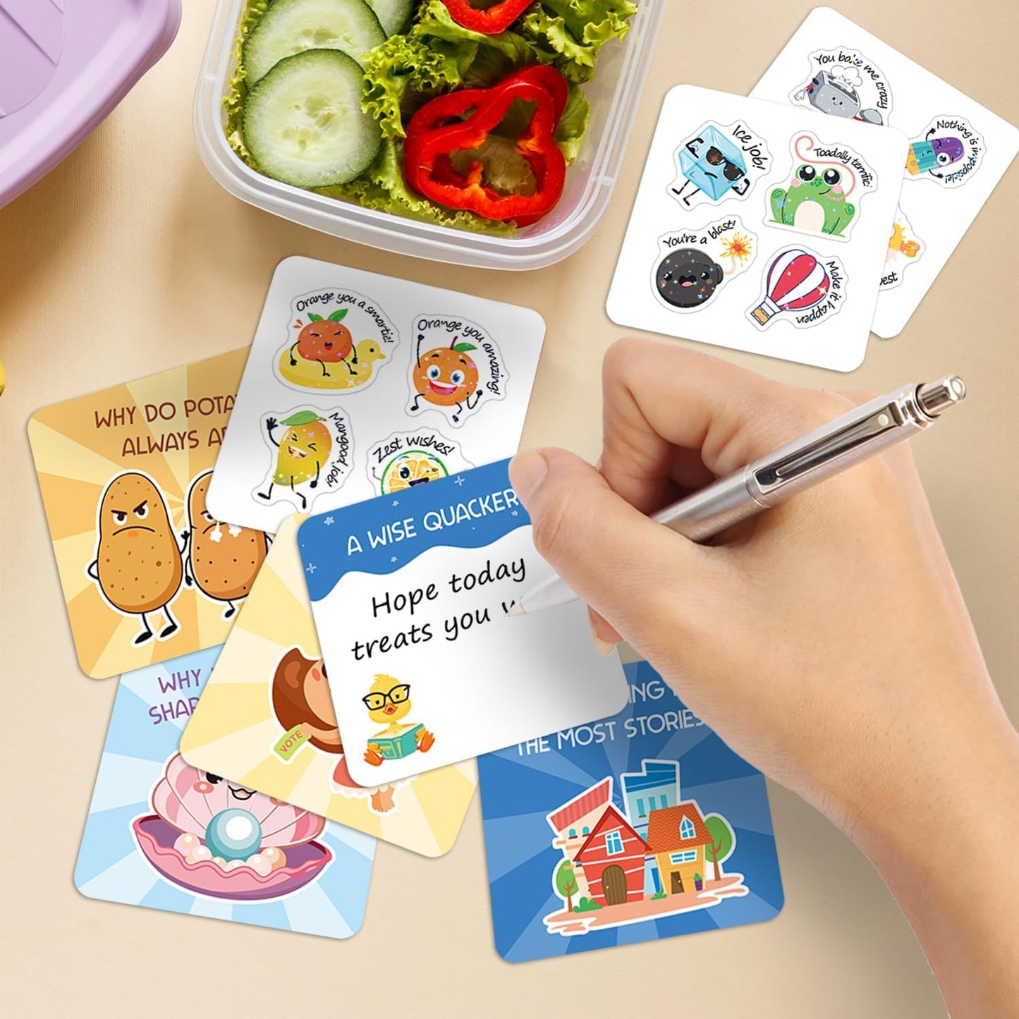 105 Joke Cards for Kids Lunch Box Jokes for Kids, Inspirational Lunch Notes for Boys Girls Students School Notes Jokes Cards with 120 Reward Stickers for Teacher
