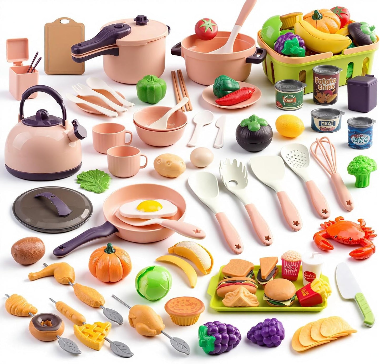 60Pcs Kids Mini Play Kitchen Accessories, Pretend Cooking Play Set with Cookware, Tableware & Fruit & BBQ Sets, Learning Gift for Boys, Girls, Toddlers,Yellow