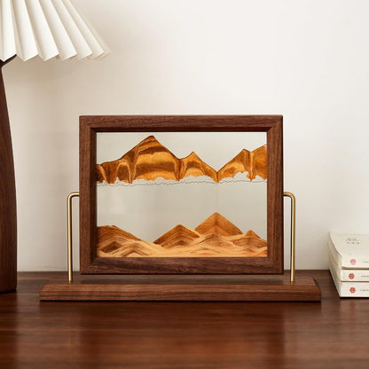 Solid Wood Oasis Mini Art Liquid Motion 360-Degree Rotation, Made of Black Walnut and H62 Brass, 3D Highly Transparent Office Decor (Desert)