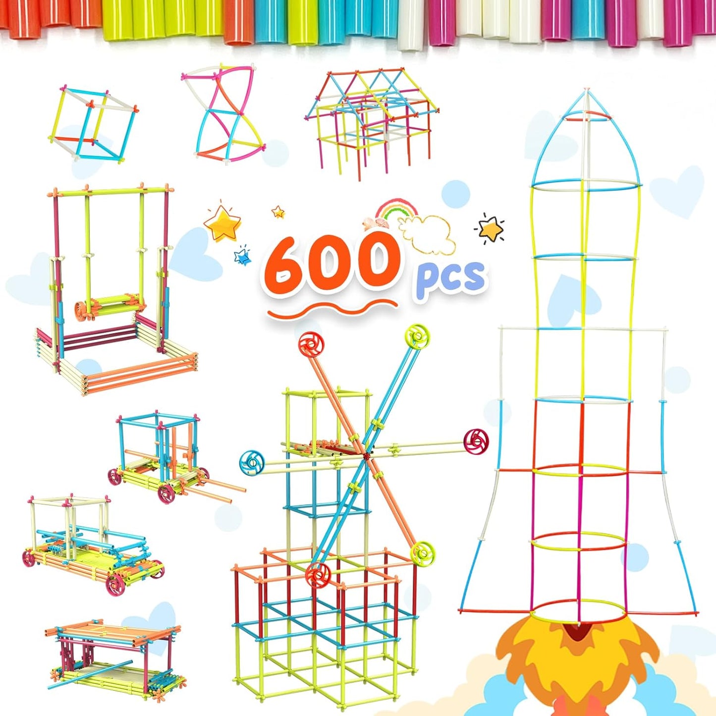 Ggiibro Straw Constructor Toys 600Pcs STEM Building Toy Interlocking Plastic Engineering Thin Tube Blocks Educational Kit for 3 4 5 6 7years Kids Boys and Girls Gift Preschool Toy with Storage Box