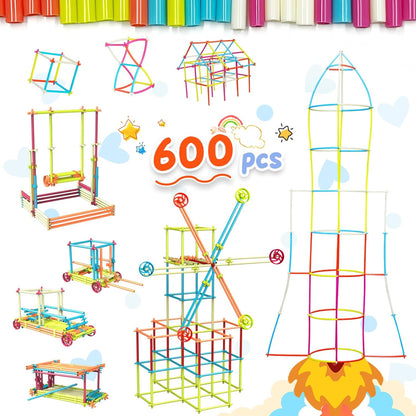 Ggiibro Straw Constructor Toys 600Pcs STEM Building Toy Interlocking Plastic Engineering Thin Tube Blocks Educational Kit for 3 4 5 6 7years Kids Boys and Girls Gift Preschool Toy with Storage Box