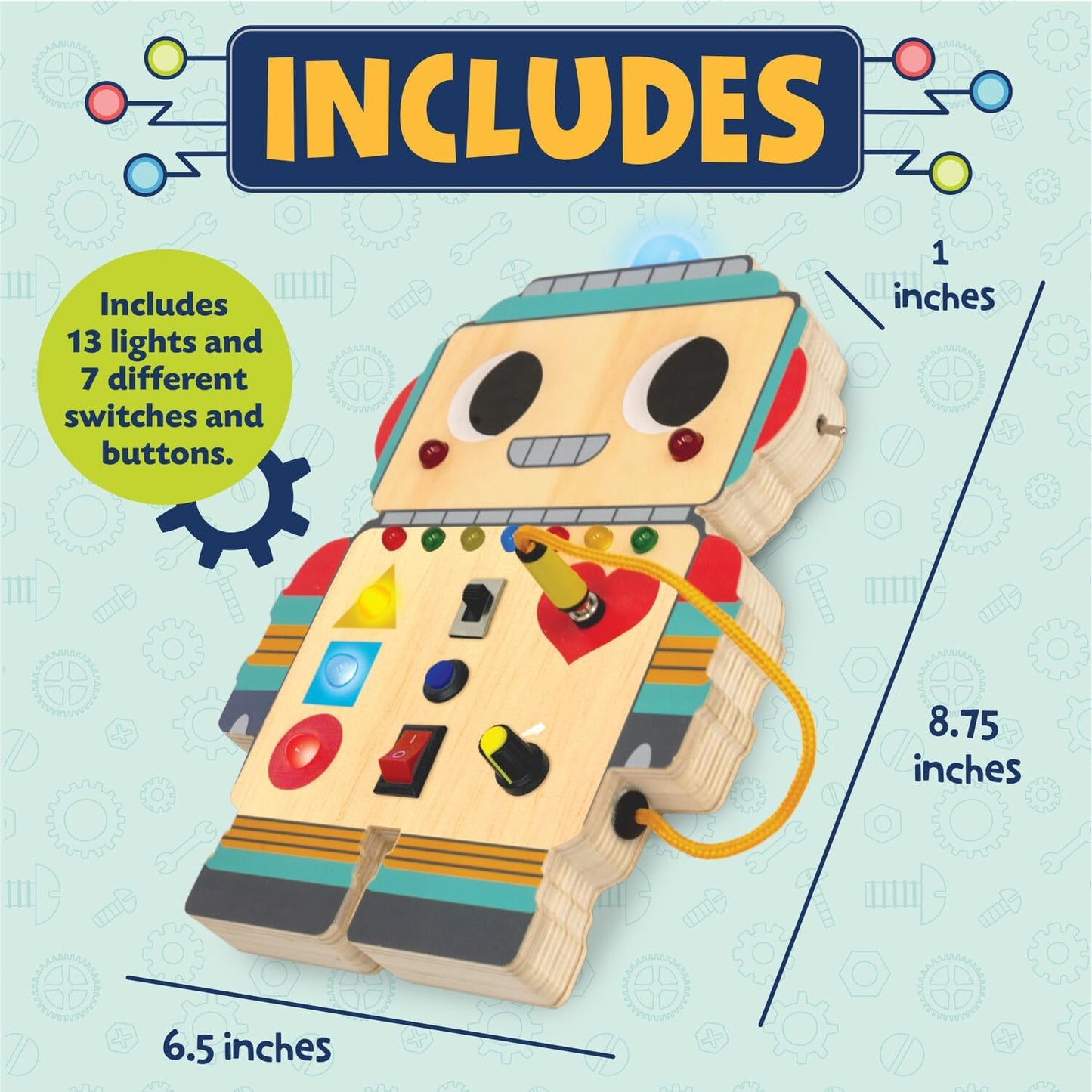 Peaceable Kingdom Blinkity Bot Light Up Busy Board for Toddlers Montessori Wooden Toy