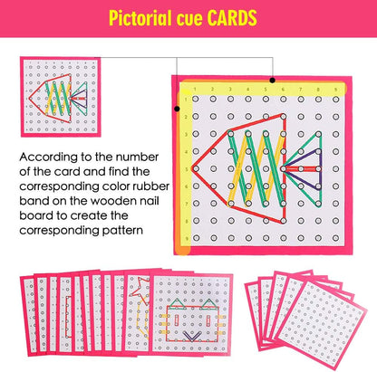 Skrtuan Wooden Geoboard with Pattern Cards & Rubber Bands, Montessori STEM Educational Toy for Kids 3-5 5-8 Years Old, Brain Teaser Puzzle Game for Geometry Learning and Creative Shapes