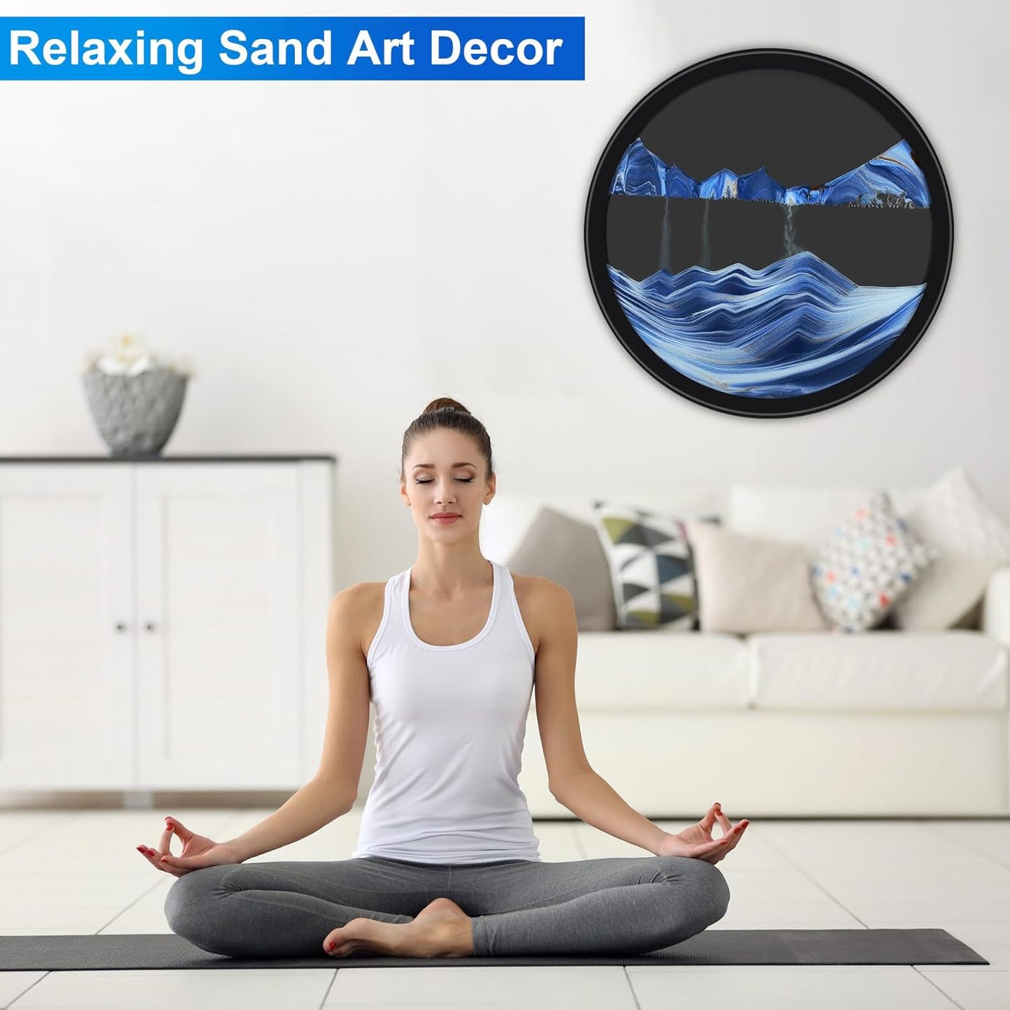 17.3" Moving Sand Art, 3D Sand Art Pictures Deep Sea Sandscape Living Room Decoration, 360° Rotate, Glass Crafts Solid Wood Frame, Relaxing Mood Home Office Work Wall Art Decor