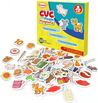 Kasfalci CVCC & CCVC Word Games, 50 Magnetic Foam Objects Fridge Magnets for Kids, Speech Therapy Toys for Toddler, Learn to Read Spelling Reading Learning Phonics for Preschool Kindergarten Classroom