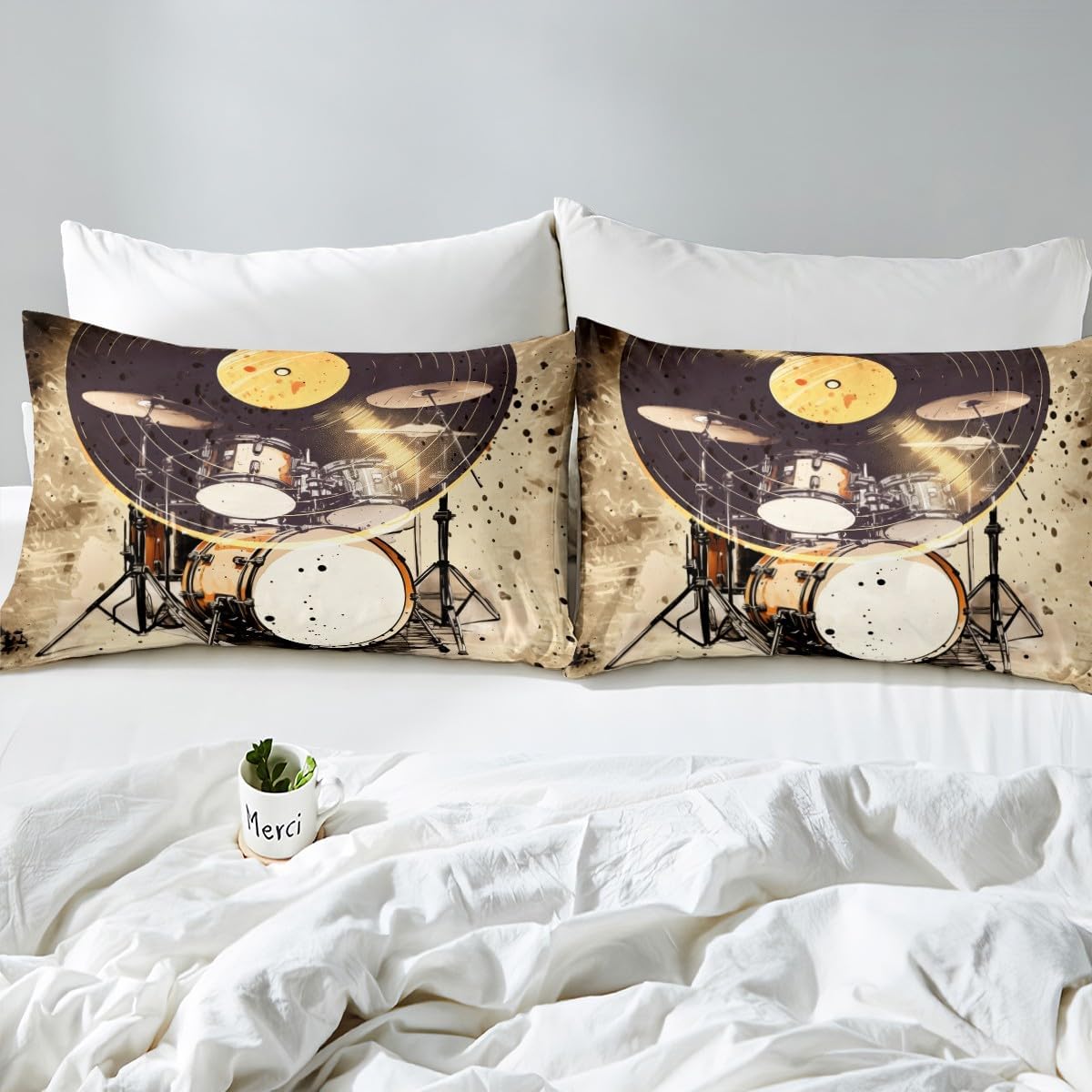 Feelyou Drum Kit Bed Sheets Musical Instruments Fitted Sheet for Kids Boys Teens Classical Rock Music Bedding Set Vinyl Record Sheets Set Bedroom Collection 2Pcs Twin Size,No Flat Sheet