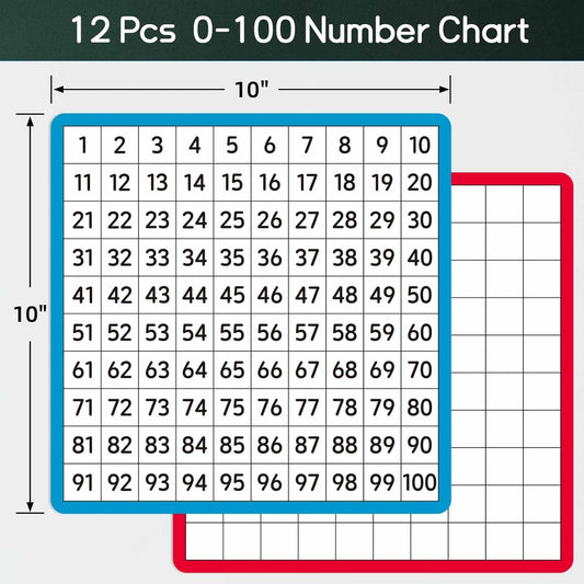 12 Pcs Dry Erase Math Hundreds Chart, Double Sided Number Cards 1-100 Number Chart, Teacher Classroom Must Haves Writable and Erasable Numbers 1-100 Chart Board Card Home Classroom Supplies