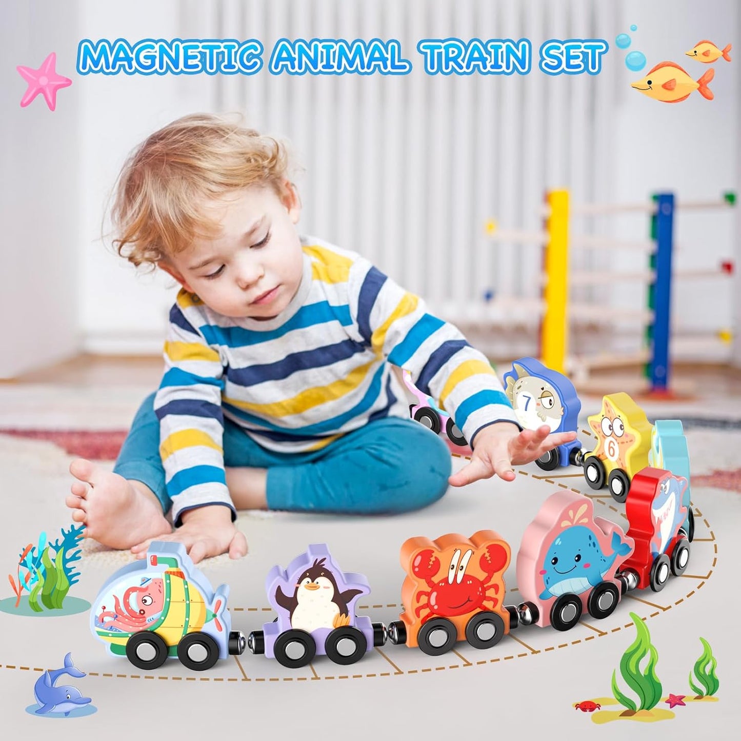Zeoddler Toys for Toddlers, 11 Magnetic Wooden Animals Train Set, Montessori Toys for Toddlers, Preschool Learning Activities for Kids, Birthday Gifts for Boys, Girls
