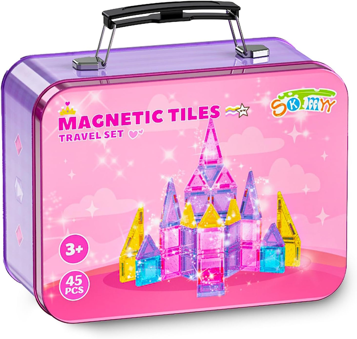 SKTMYY Travel Magnetic Tiles Set for Girls,Pink Mini Portable Magnet Toys with Iron Case,Travel Toys for Kids Ages 4-8,Ideal Toddler Birthday Valentines Day Gifts
