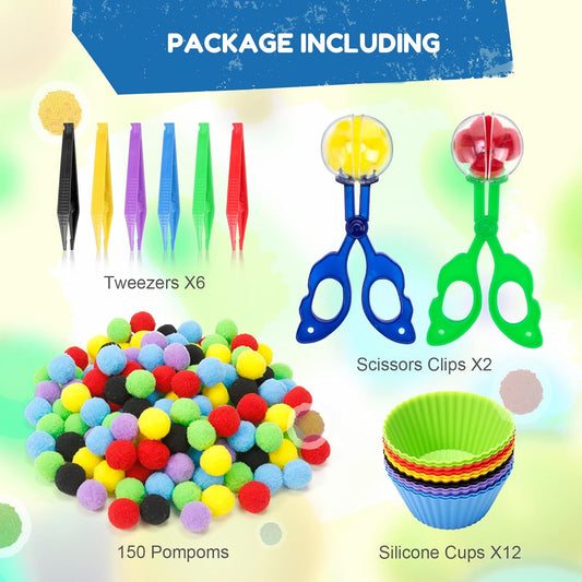 170 PCS Counting Sorting Fine Motor Skills Sensory Bin Filler Include 12 Sorting Bowls, 150 Pom Poms, 6 Tweezers, 2 Scooper Scissors for Kids Early Education, Sorting Counting Training